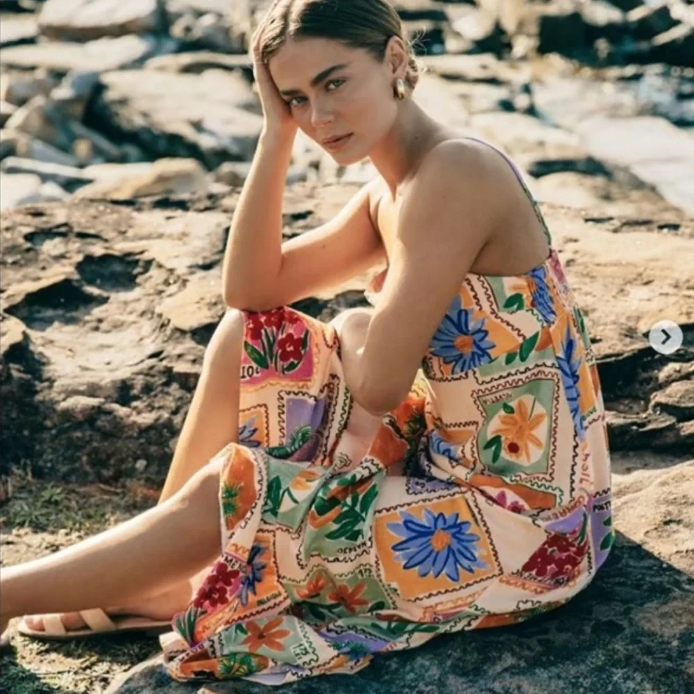 Anthropologie Paper Heart Womens Strappy Stamp Floral Postcard Maxi Dress XS - Picture 3 of 9